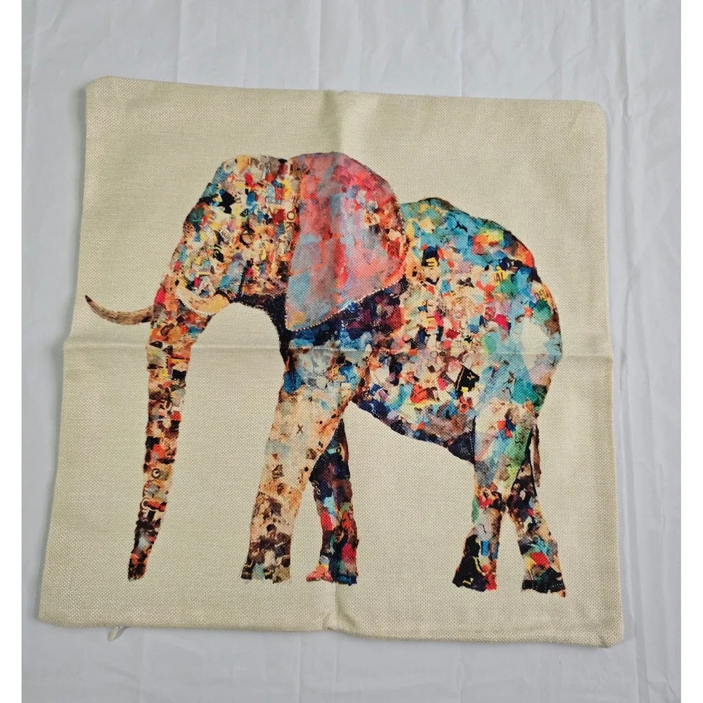 Set of 4 Elephant Throw Pillow Covers 18x18 Watercolor Mandala Boho Linen Blend